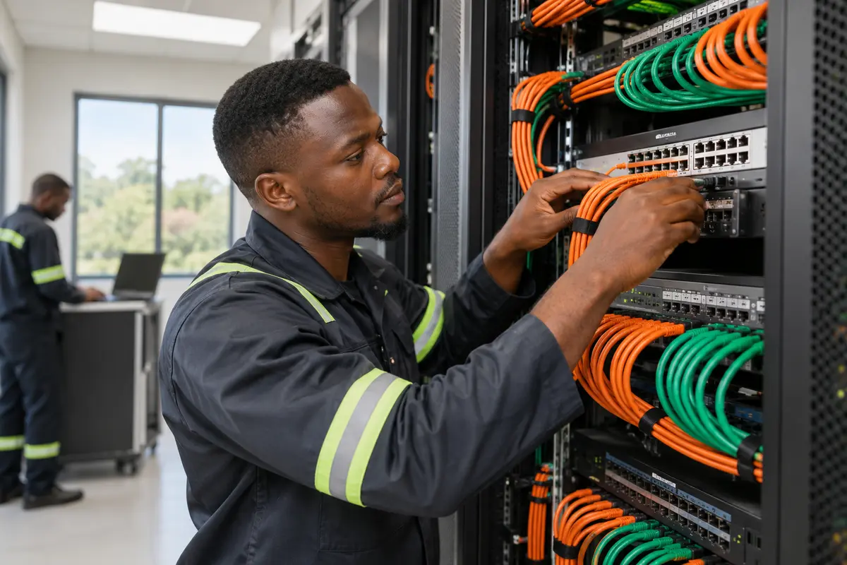 Technician installing network equipment in a server room
