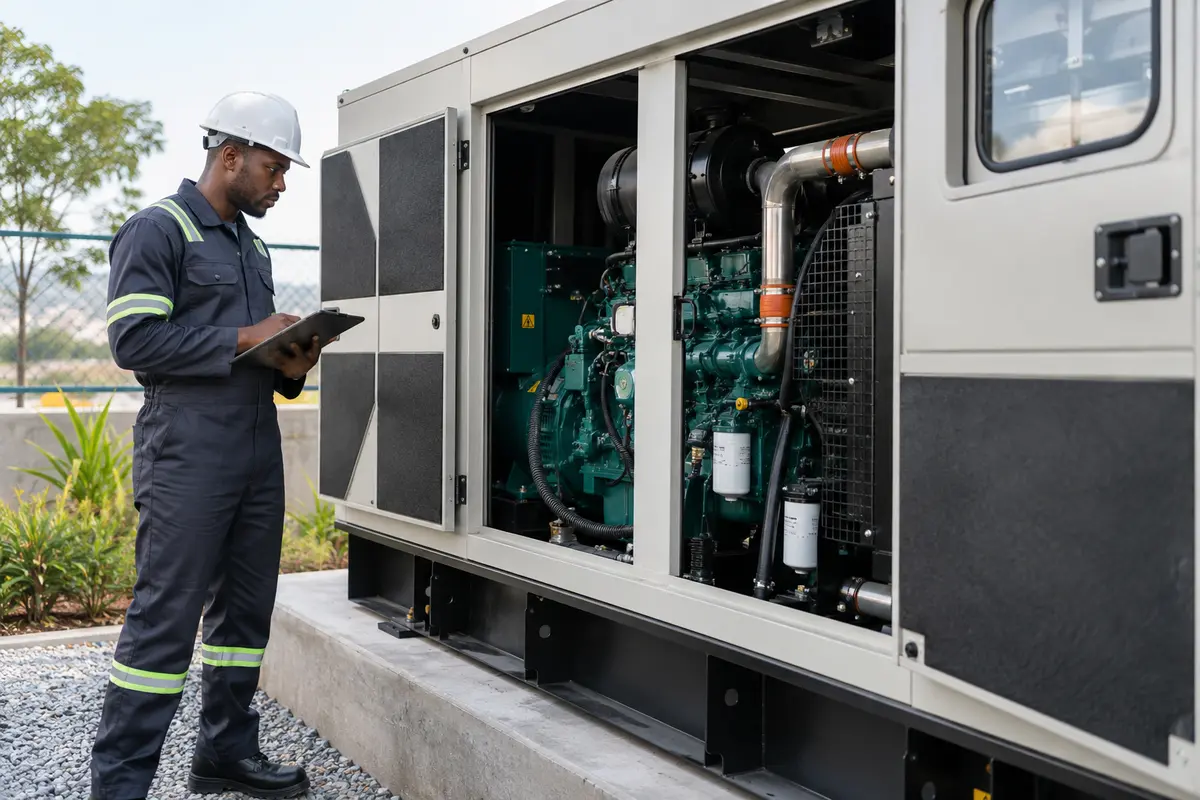 Amplivolt technician inspecting a standby generator