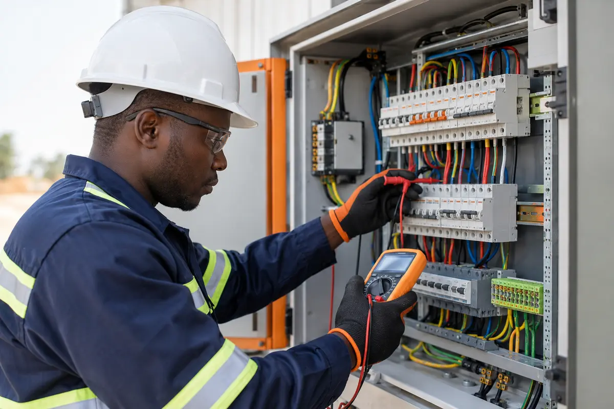 Technician testing an electrical distribution board