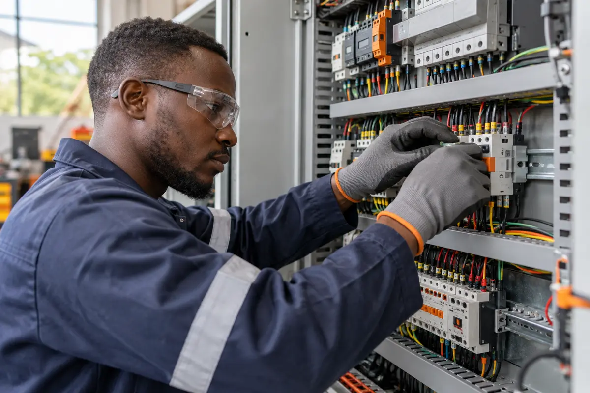 Amplivolt technician completing precise control-panel wiring