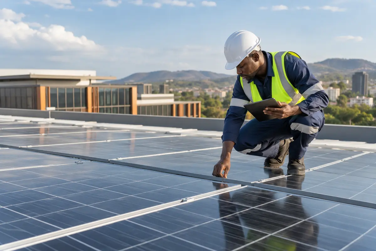 Solar PV technician inspecting rooftop panels